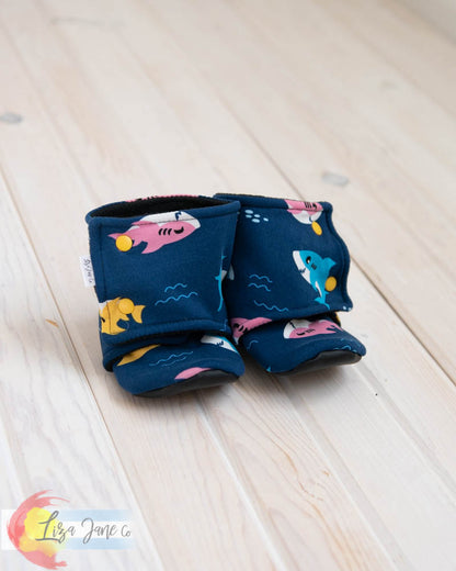 Stay-on Baby Booties |  Colorful Sharks on Blue (12-18 Month)