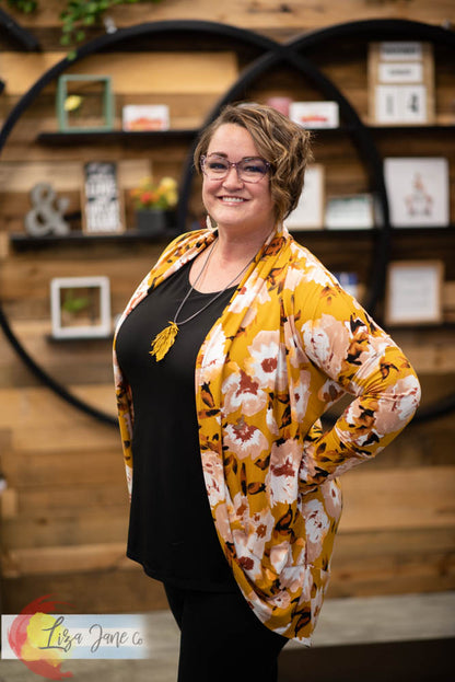 Women's Cocoon Cardigan | Taupe Floral on Mustard