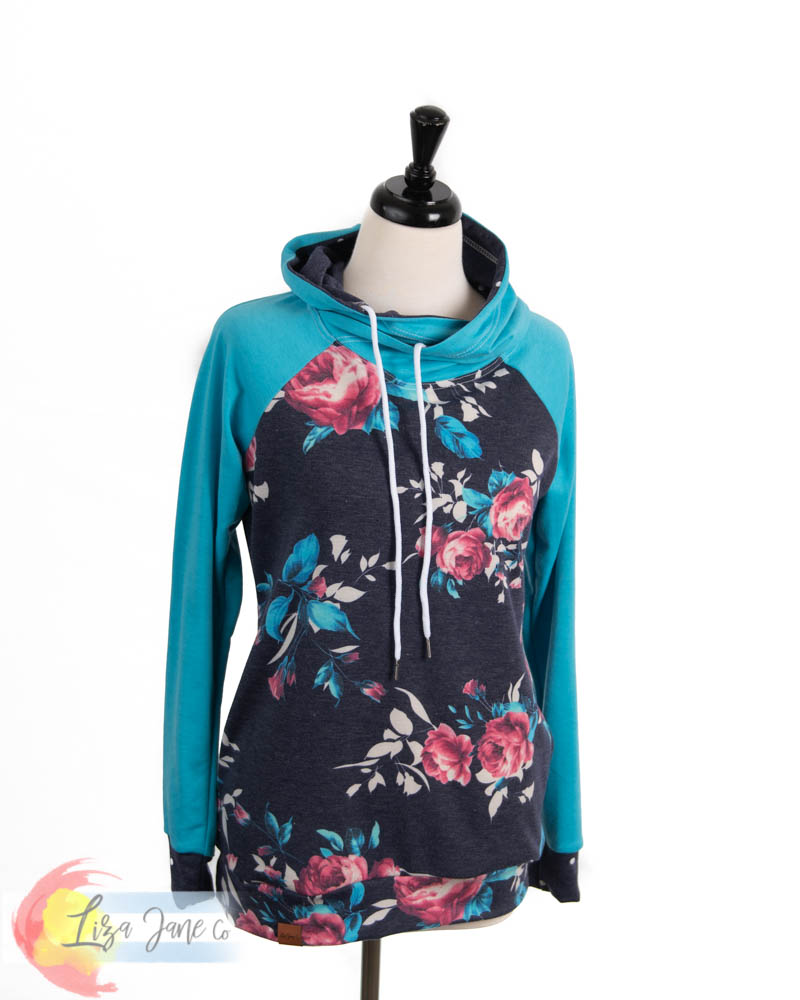 Women's Hoodie | Floral on blue and Aqua {Small}