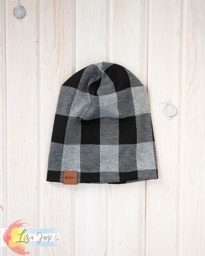Slouchy Beanie - Black/Grey Plaid {Adult Small}