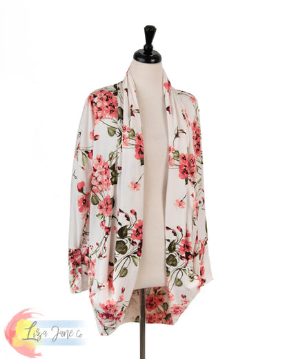 Women's Cocoon Cardigan | Pink floral on White {XX-Large}