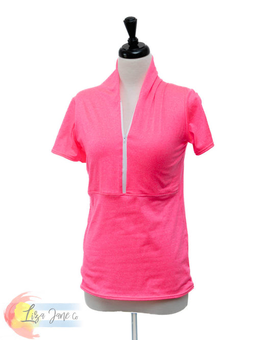 Hot Pink 3/4 zip Women's Golf Shirt - Short sleeve