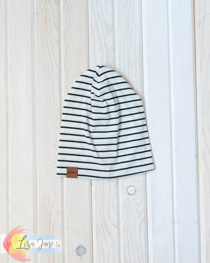 Slouchy Beanie - Black & White striped Ribbed
