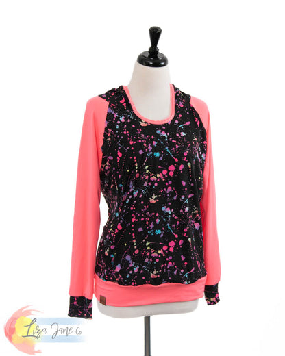 Women's Seaside Hoodie | Colorful Splatter on Black & Neon Pink {Medium}