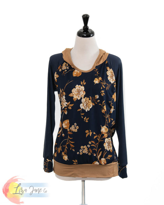 Women's Seaside Hoodie | Gold floral and Navy {Medium}