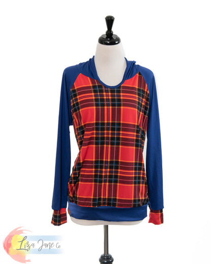 Women's Seaside Hoodie | Red and Royal Blue Plaid + Royal Blue {Large}