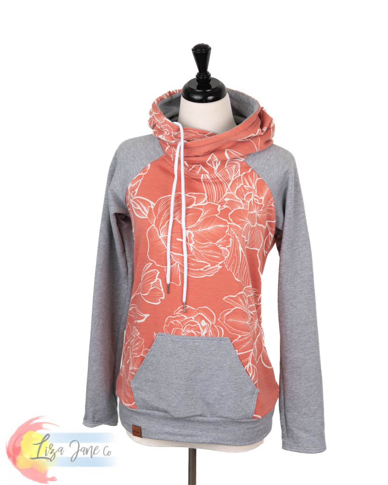 Women's Hoodie | Large White Floral on Peach and Heather Grey {Small}