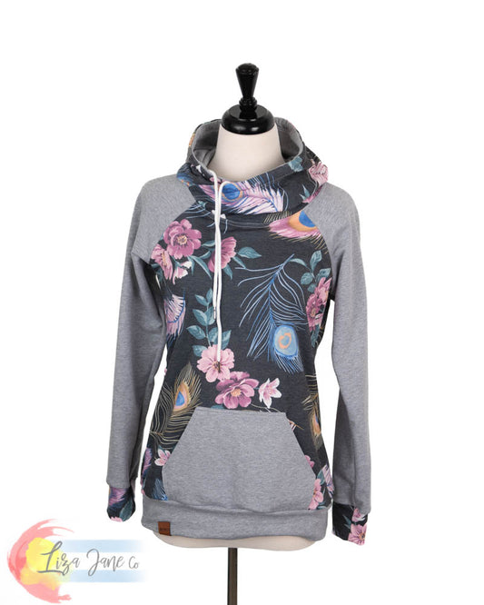 Women's Hoodie | Floral and Feather on Black and Heather Grey {Small}