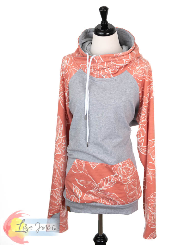 Women's Hoodie | Large White Floral on Peach and Heather Grey {1X}