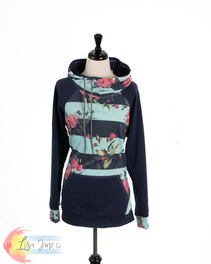 Women's Hoodie | Floral on Blue and Aqua Stripes and Navy {X-Large}