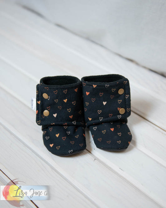 Stay-on Baby Booties |  Gold Hearts on Black {Made to Order}