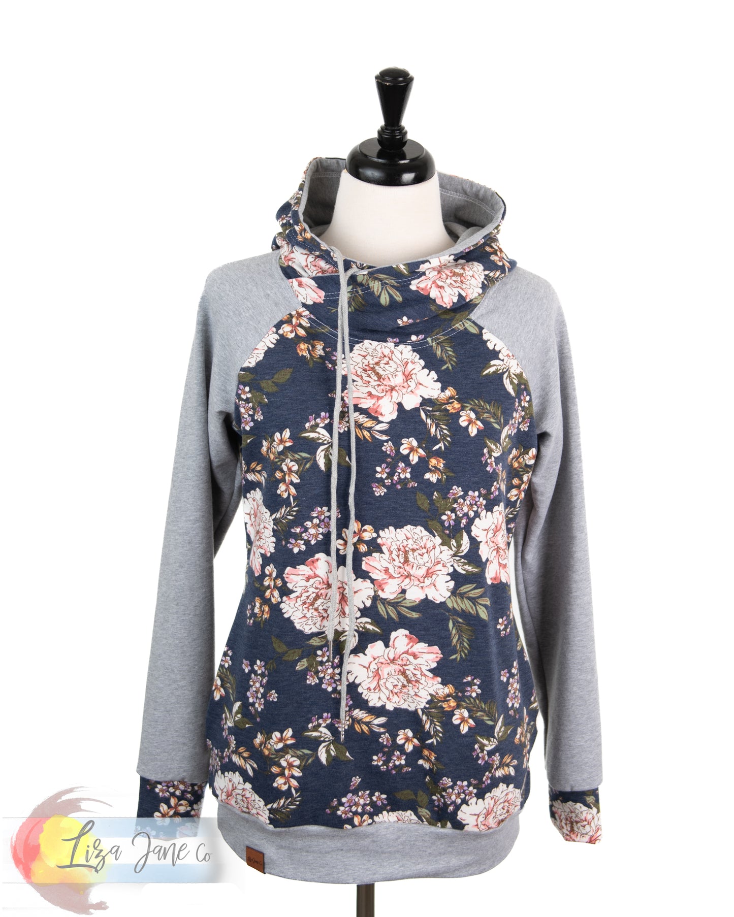 Women's Hoodie | Floral on Blue and Heather Grey {Small}