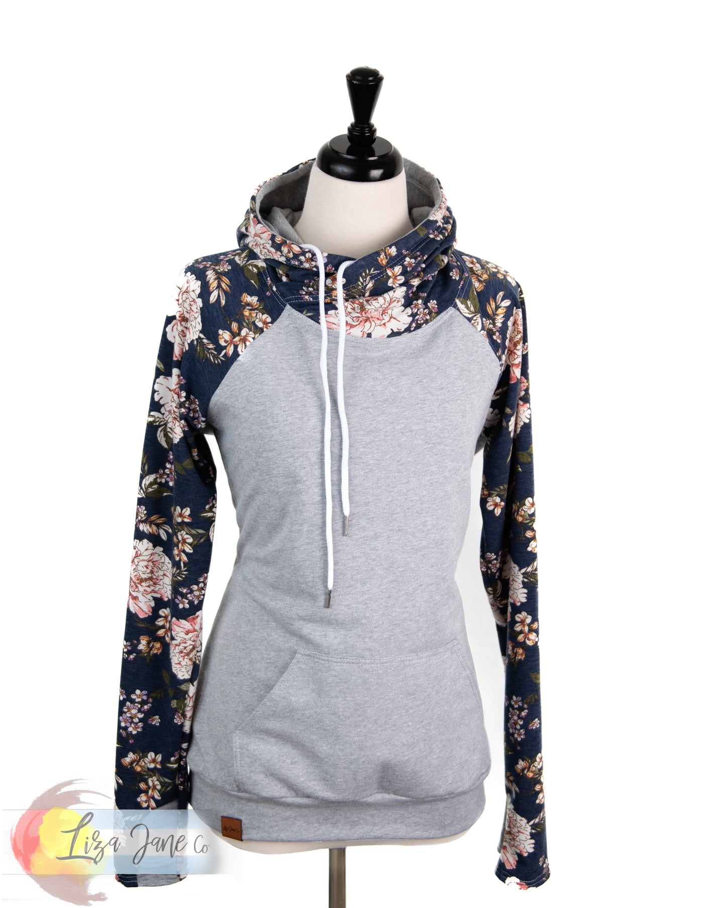 Women's Hoodie | Floral on Blue and Heather Grey {Large}
