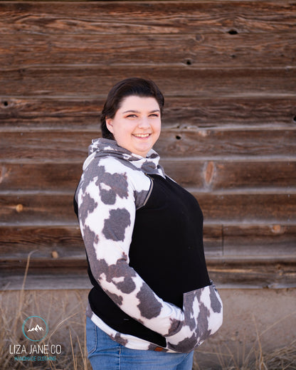 Women's Hoodie | Black and Black/Brown Cow Print {Made to Order}