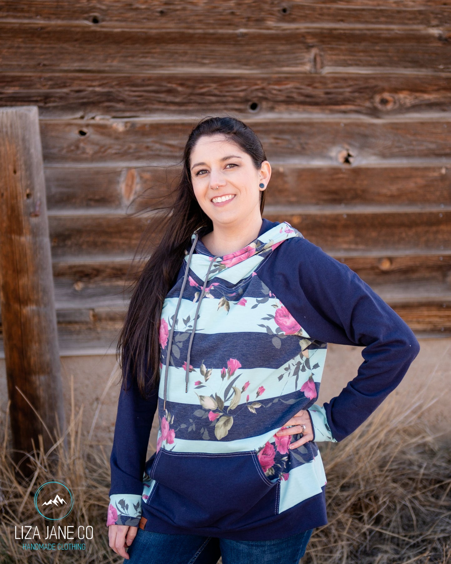 Women's Hoodie | Floral on Blue and Aqua Stripes and Navy {X-Large}