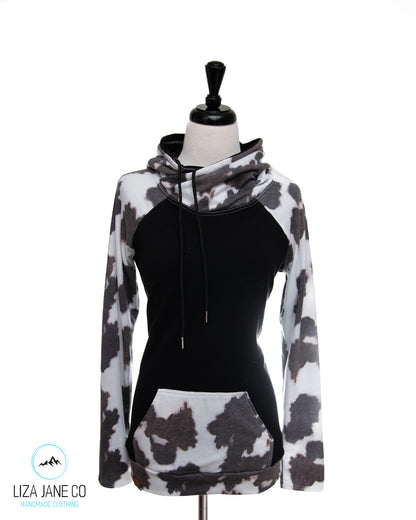 Women's Hoodie | Black and Black/Brown Cow Print {Made to Order}