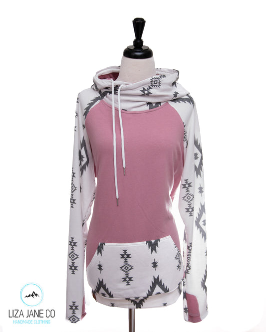 Women's Hoodie | Mauve and Charcoal Aztec on White