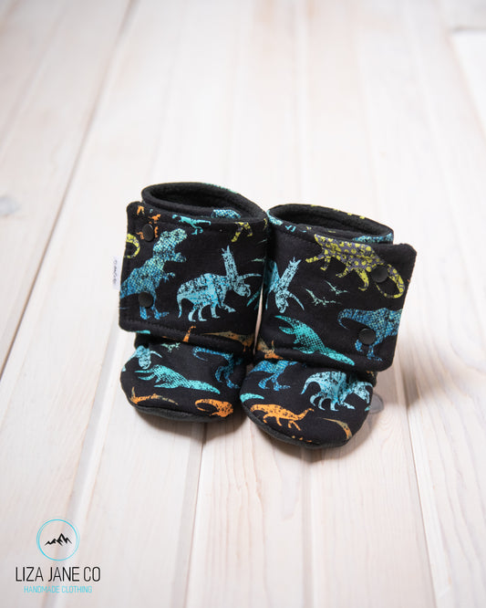 Stay-on Baby Booties |  Dinos on Black