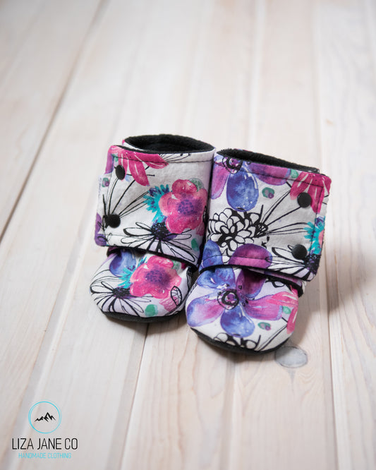 Stay-on Baby Booties |  Pink & Purple floral on White