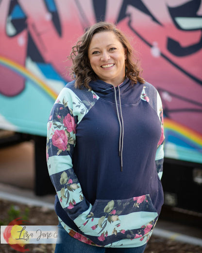 Women's Hoodie | Floral on Blue and Aqua Stripes and Navy {1X}