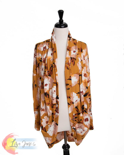 Women's Cocoon Cardigan | Taupe Floral on Mustard