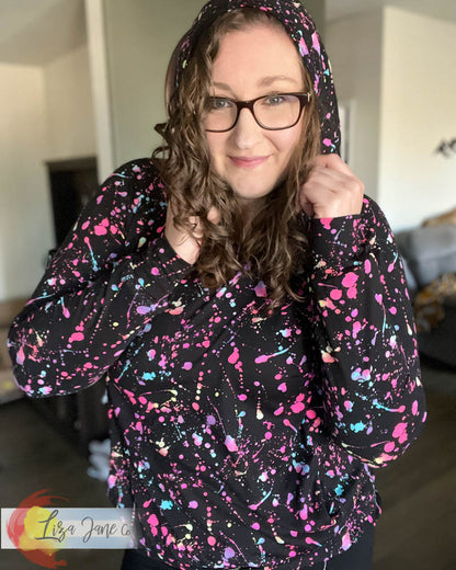 Women's Seaside Hoodie | Colorful Splatter on Black & Neon Pink {Medium}