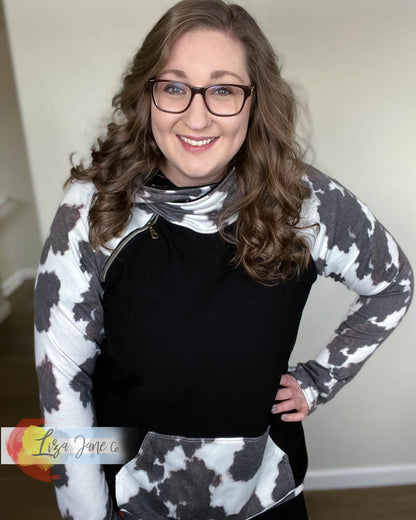 Women's Hoodie | Black and Black/Brown Cow Print {Made to Order}